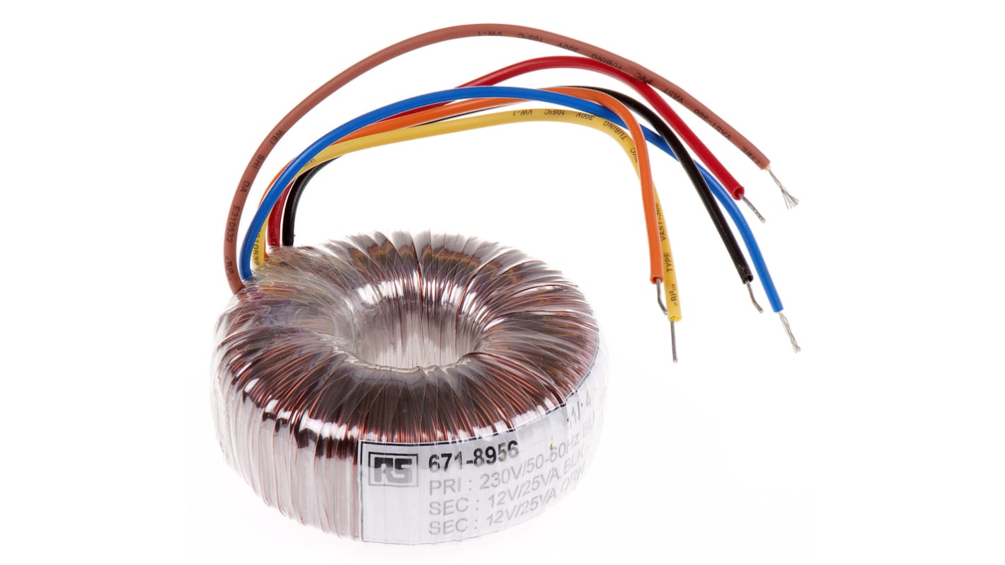 Transformador toroidal RS PRO, Tensión 2 x 18V ac, Potencia 80VA, 2 salidas