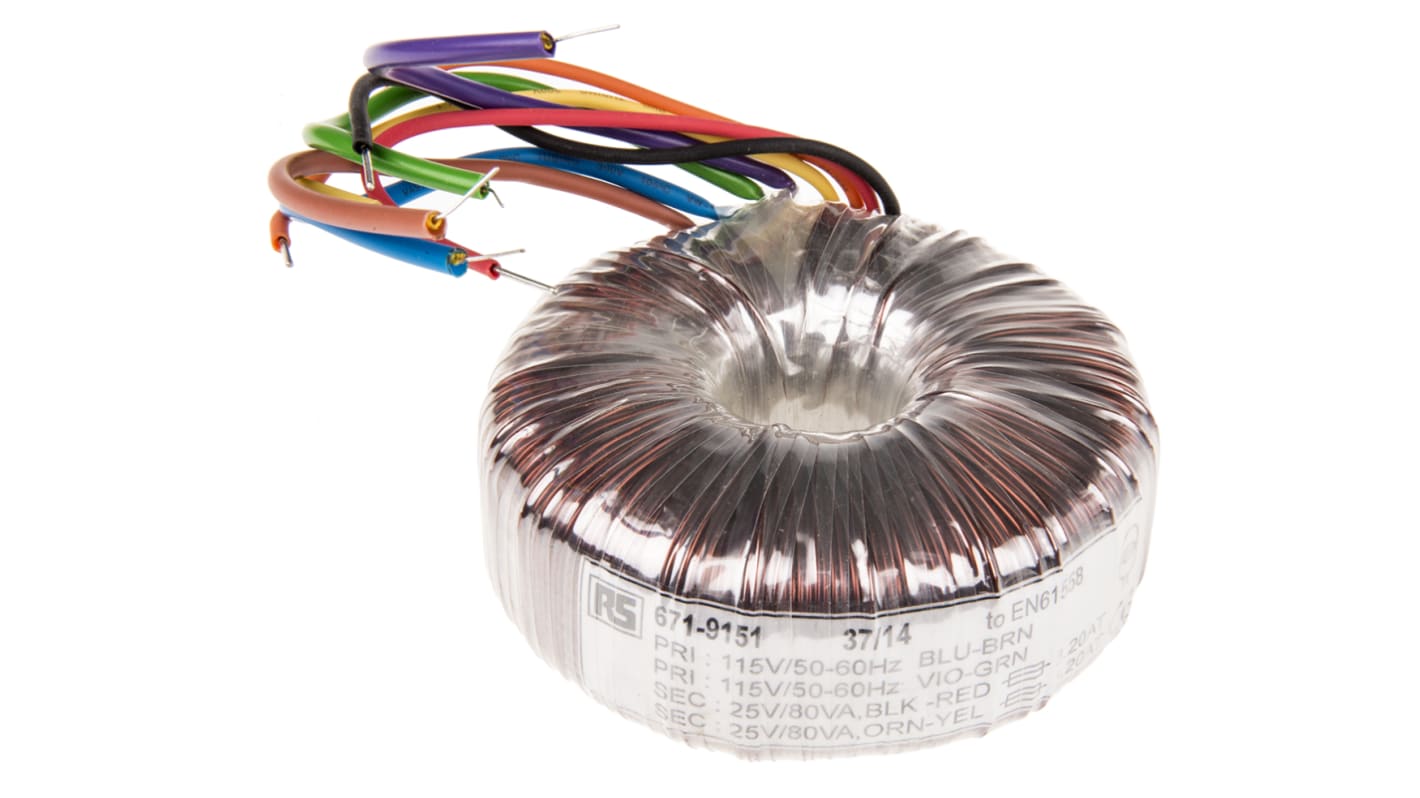 RS PRO 115 V ac, 230 V ac, 2 x 25V ac Toroidal Transformer, 160VA 2 Output