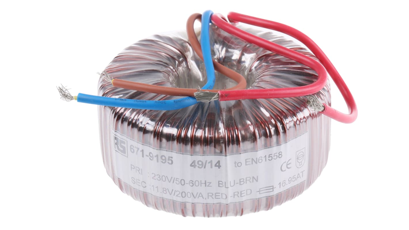 RS PRO 230V ac, 11.8V ac Toroidal Transformer, 200VA 2 Output