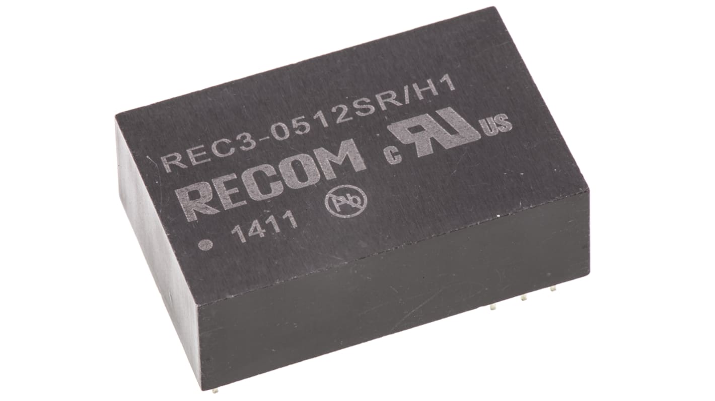 Recom REC3 DC-DC Converter, 12V dc/ 250mA Output, 4.25 → 5.75 V dc Input, 3W, Through Hole, +80°C Max Temp -40°C