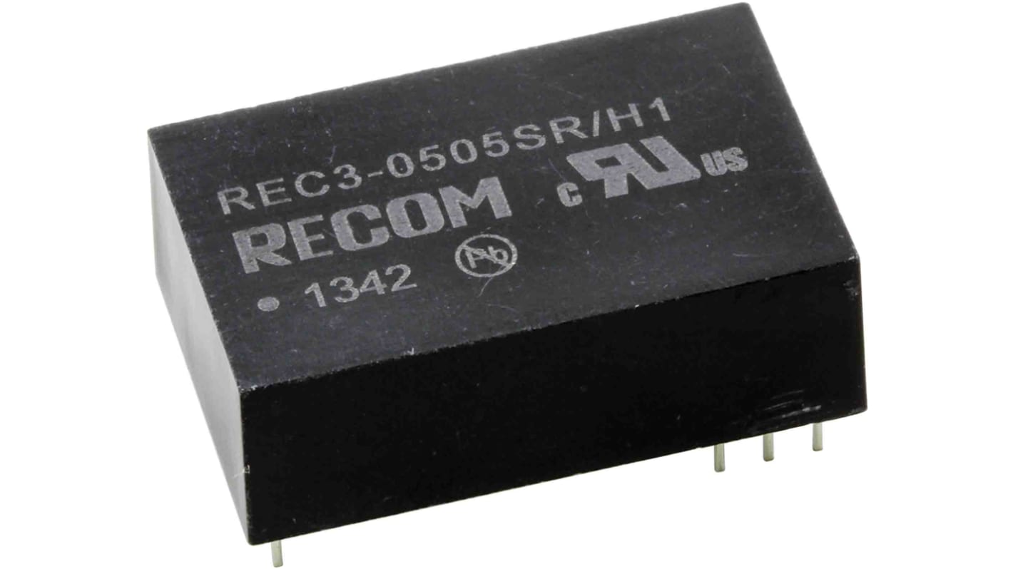 Recom REC3 DC-DC Converter, 5V dc/ 600mA Output, 4.25 → 5.75 V dc Input, 3W, Through Hole, +80°C Max Temp -40°C