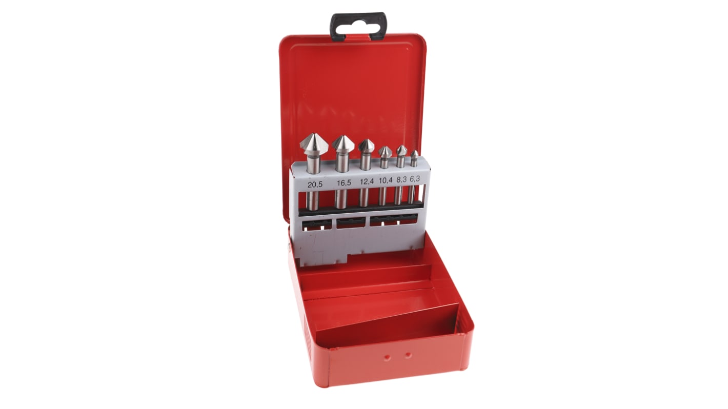 RS PRO HSS Countersink Drill Bit Set, 6.3 mm, 8.3 mm, 10.4 mm, 12.4 mm, 16.5 mm, 20.5 mm Head, 3 Flute(s), 90°, 6