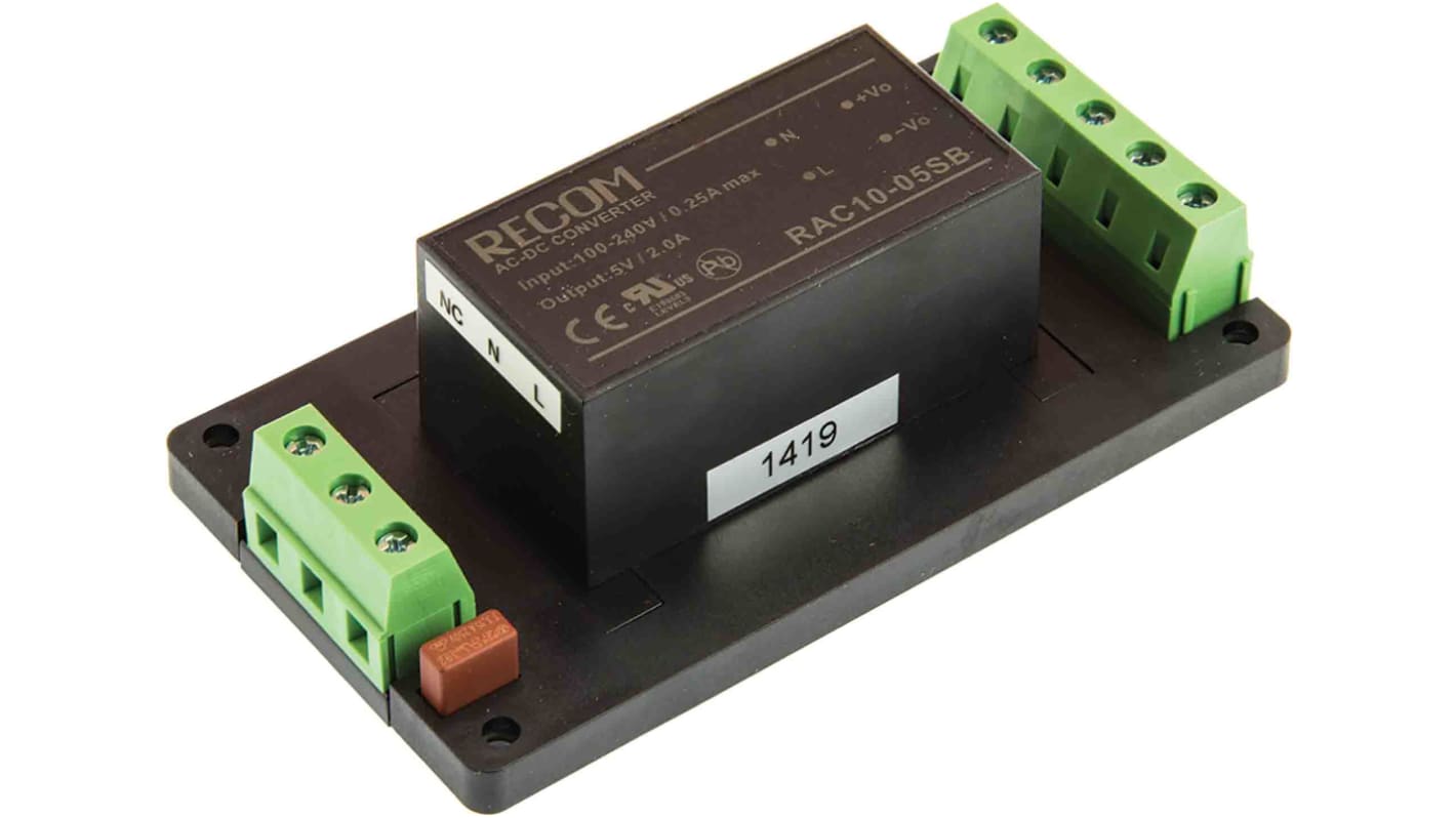 Recom Embedded Switch Mode Power Supply SMPS, RAC10-05SB-ST, 5V dc, 2A, 10W, 1 Output, 90 → 264V ac Input Voltage