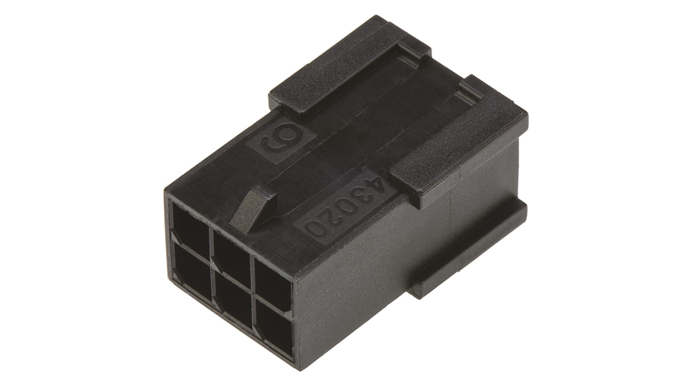 Carcasa de conector Molex 43020-0601, Serie Micro-Fit 3.0, paso: 3mm, 6 contactos, 2 filas, Recto, Macho, Montaje de