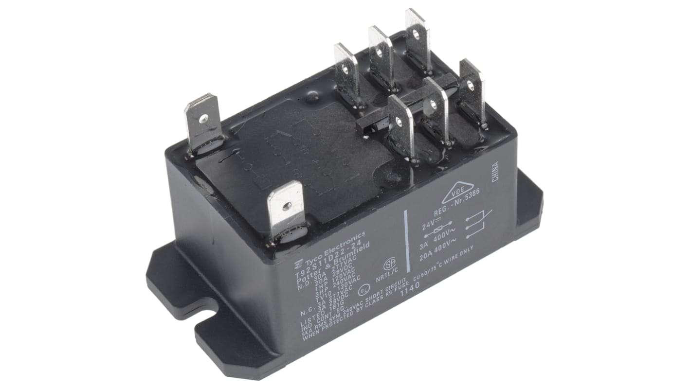 Relé de potencia sin enclavamiento TE Connectivity T92 de 2 polos, DPDT, bobina 24V dc, 30A, Montaje por reborde