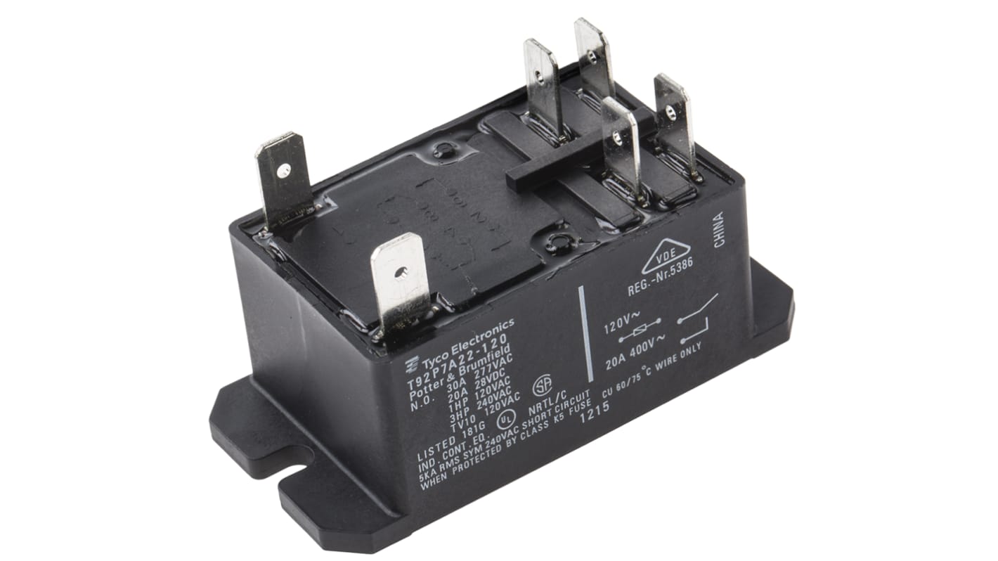 TE Connectivity Flange Mount Power Relay, 120V ac Coil, 30A Switching Current, DPST