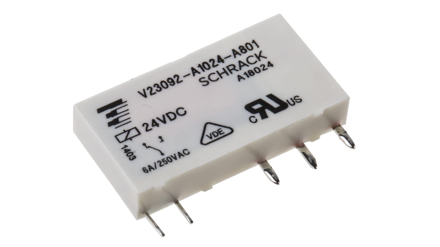 TE Connectivity PCB Mount Power Relay, 24V dc Coil, 6A Switching Current, SPDT