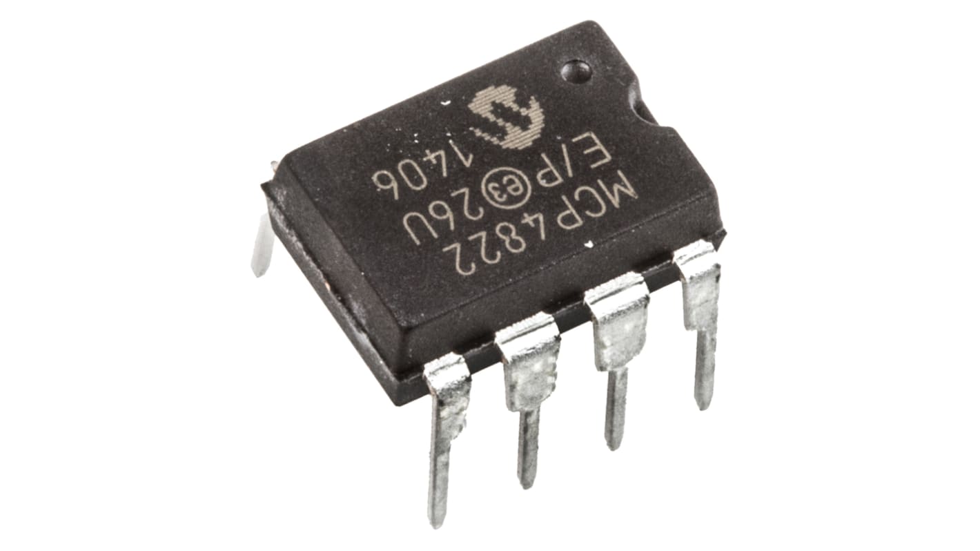 MCP4822-E/P, DAC Dual 12 bit ±2%FSR Seriel (SPI/Microwire), 8 ben, PDIP