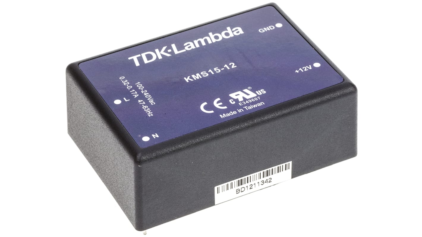 Alimentatore switching TDK-Lambda KMS15-12, 15W, ingresso 100 → 375 V dc, 90 → 264 V ac, uscita 12V cc,