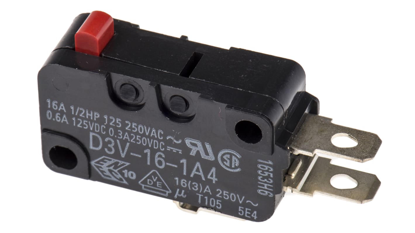 Mikrospínač SPDT, typ ovladače: Kolíkový plunžr 16 A při 250 V AC