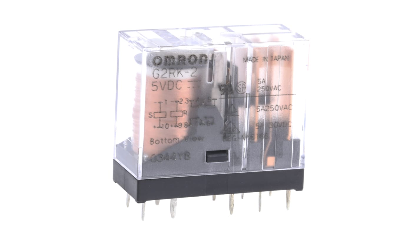 Przekaźnik mocy 5V dc DPDT Omron, montaż PCB 30 (w stanie załączenia) Ω, 42 (w stanie wyłączenia) Ω Otwór