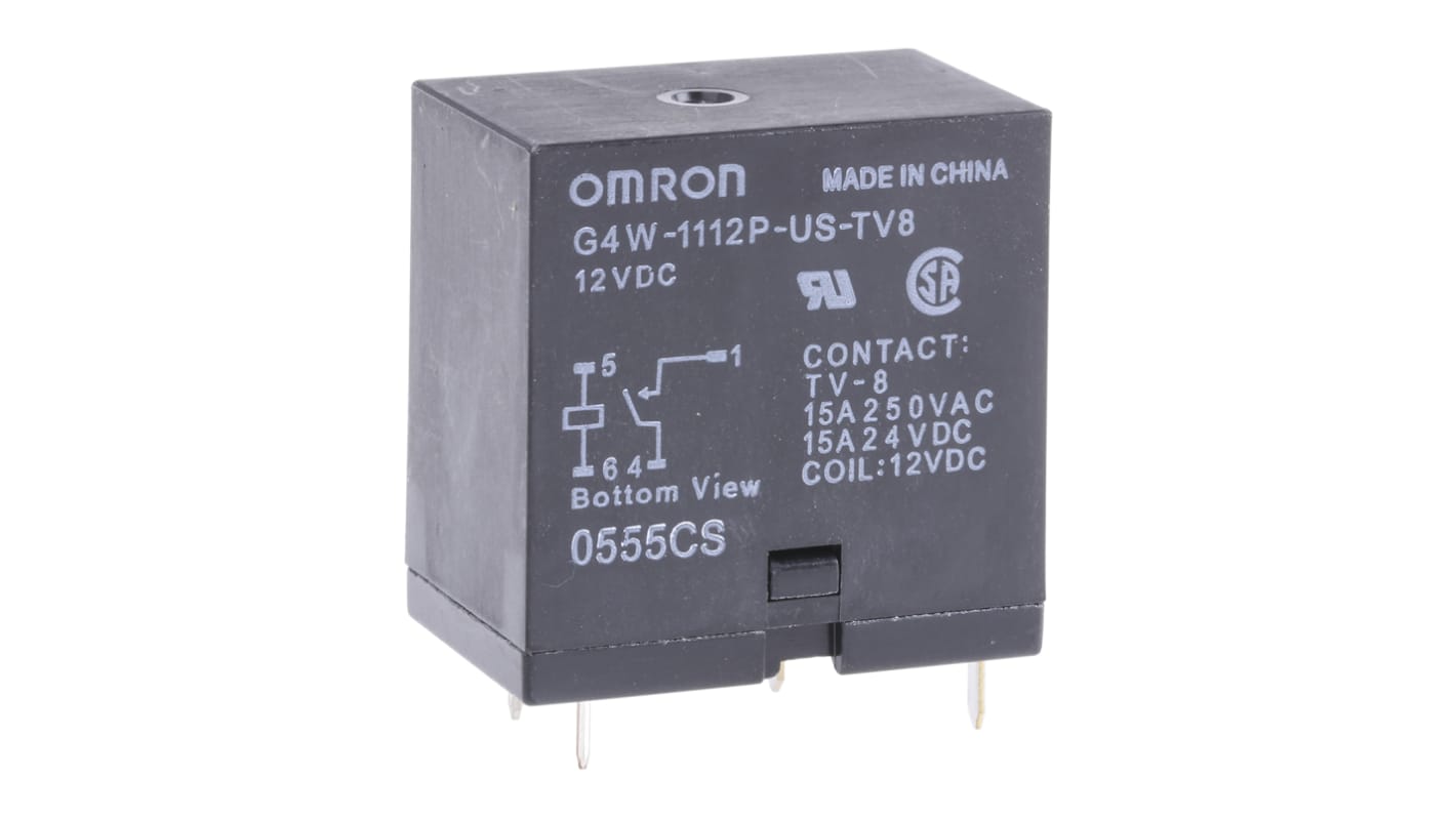Relé de potencia sin enclavamiento Omron G4W de 1 polo, SPST, bobina 12V dc, 15A, Montaje en PCB