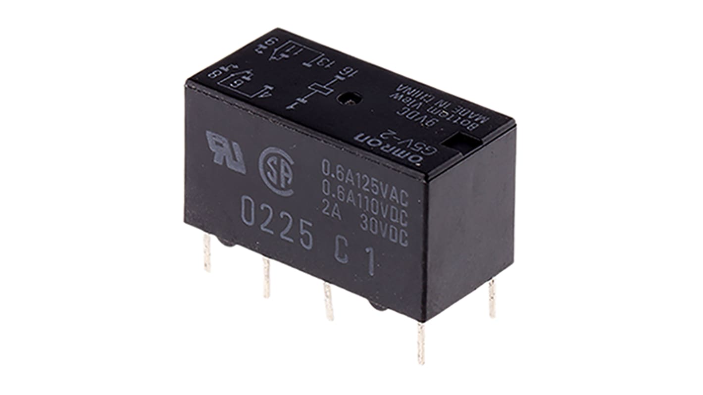 Omron PCB Mount Signal Relay, 9V dc Coil, 2A Switching Current, DPDT