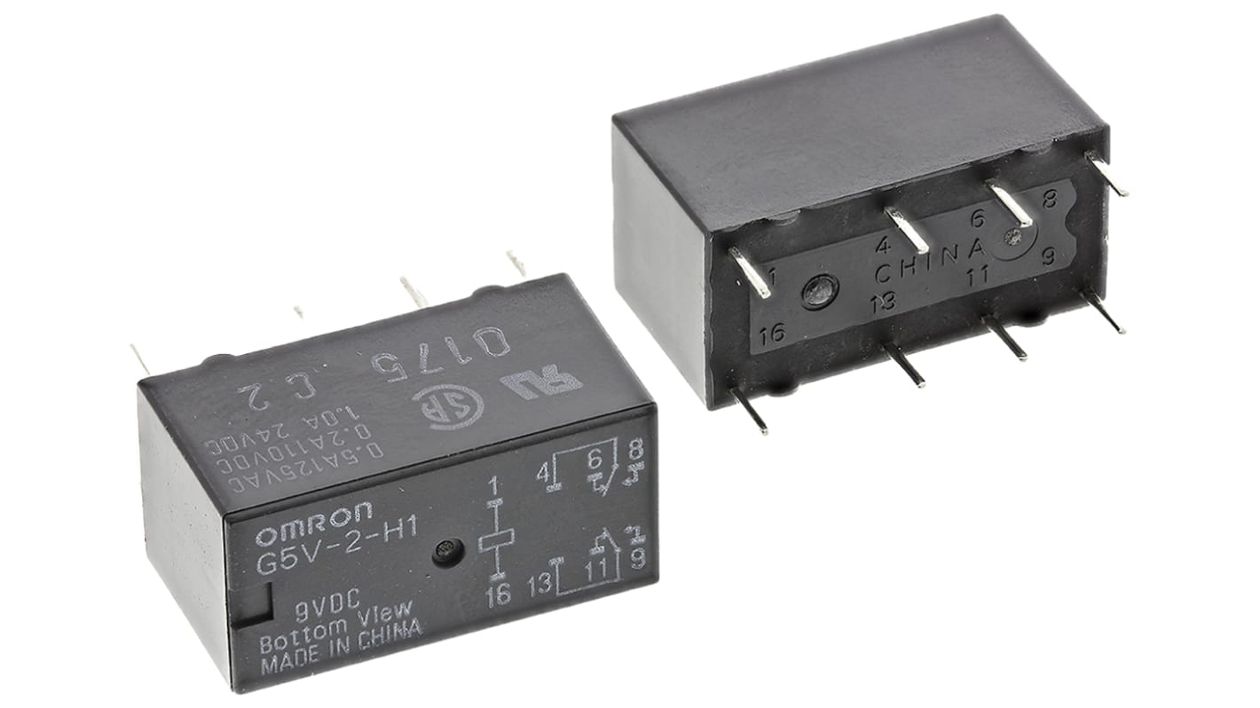 Omron PCB Mount Signal Relay, 9V dc Coil, 1A Switching Current, DPDT