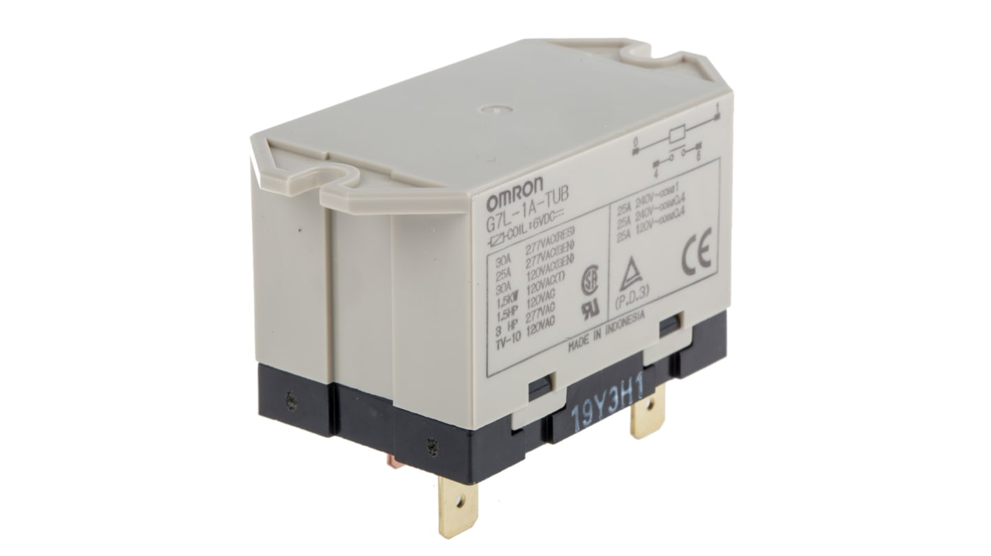 Omron Panel Mount Power Relay, 6V dc Coil, 30A Switching Current, SPST