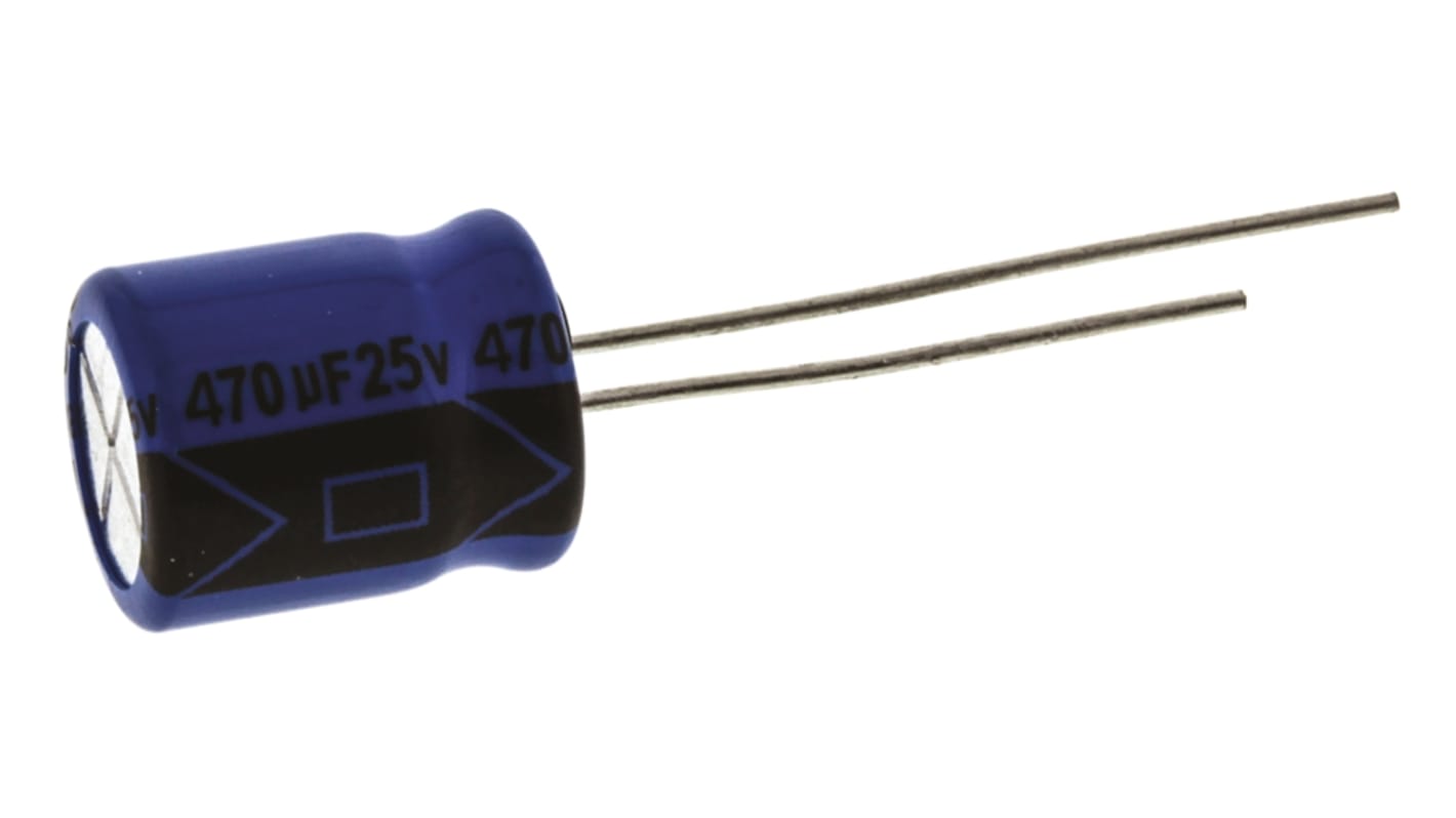 Condensador electrolítico Vishay serie 038 RSU, 470μF, ±20%, 25V dc, Radial, Orificio pasante, 10 (Dia.) x 12mm, paso