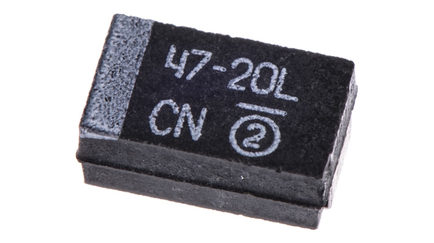 Condensatore al tantalio Vishay, 47μF, 20V cc, serie 293D, ±10%, +125°C, package 7343-31