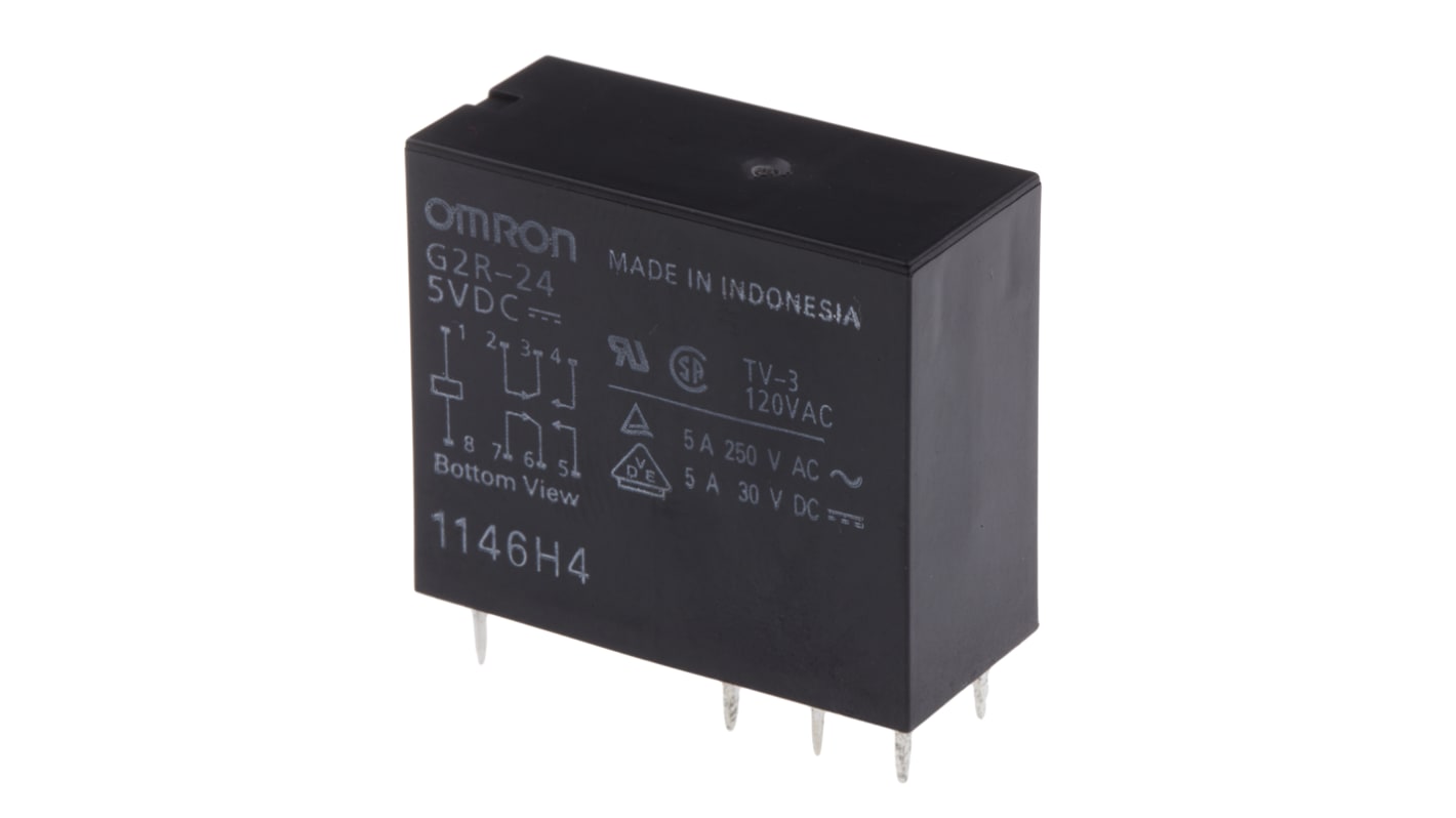 Relé de potencia sin enclavamiento Omron G2R de 2 polos, DPDT, bobina 5V dc, 4A, Montaje en PCB