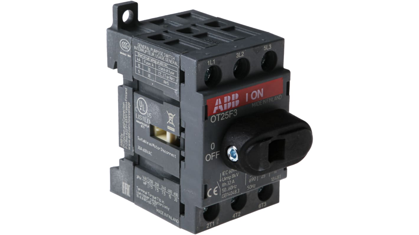 ABB 3P Pole DIN Rail Non Fused Isolator Switch - 25A Maximum Current, 9kW Power Rating, IP20
