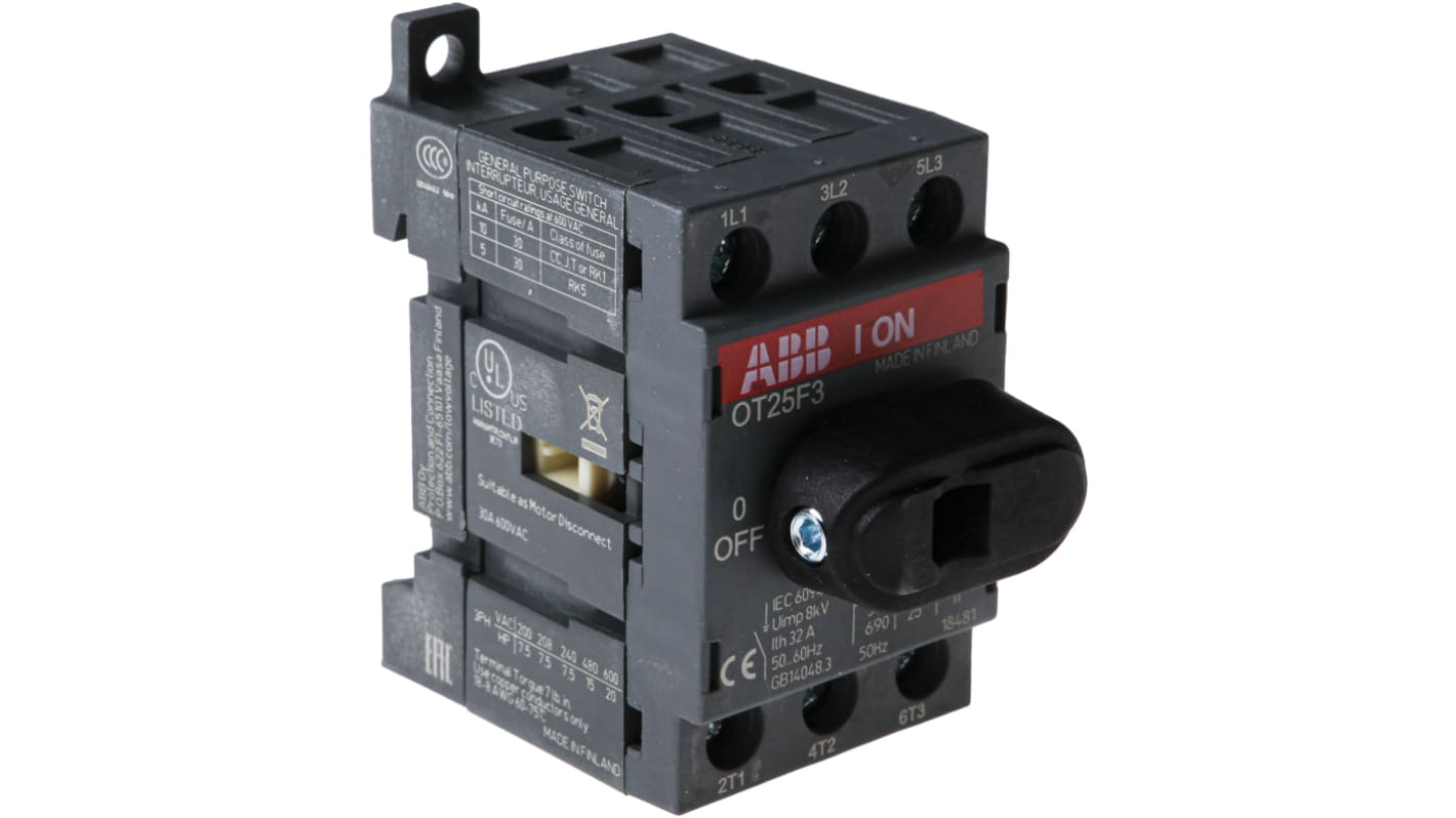 Interruptor de aislamiento sin fusible, 3P, Corriente 25A, Potencia 9kW, IP20