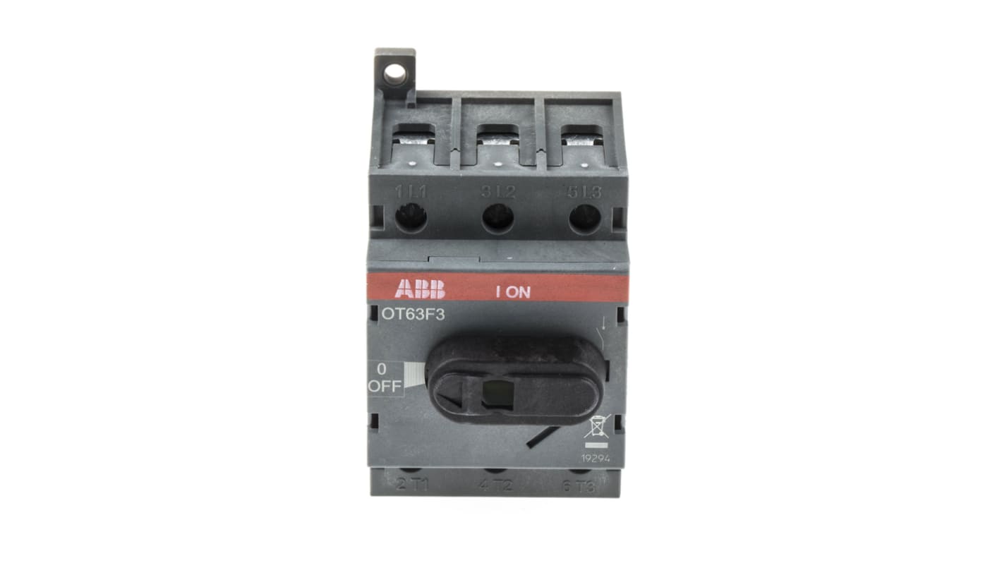 Interruttore di isolamento ABB OT63F3 1SCA105332R1001, 3P, 63A, 750V ca, Montaggio su base, IP20