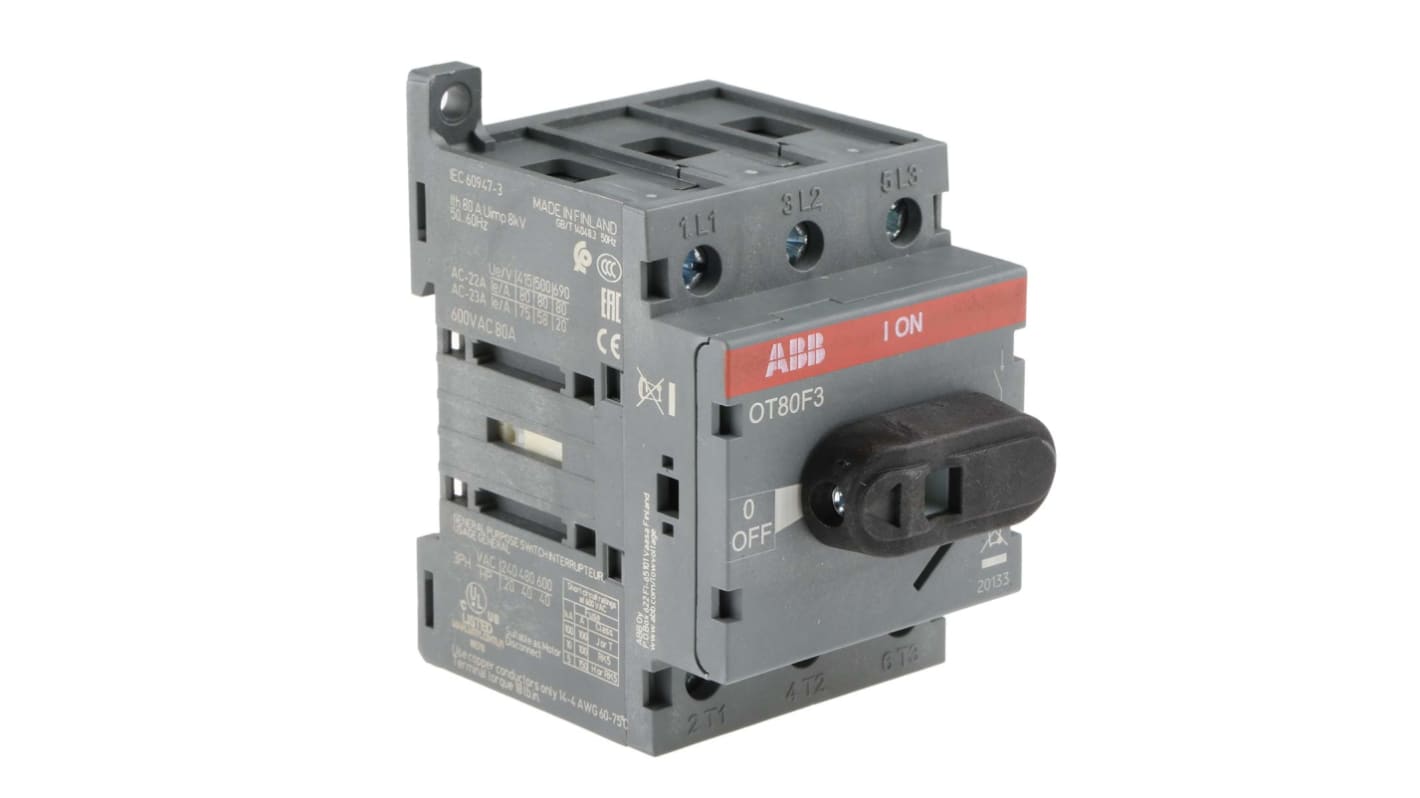 ABB 3P Pole DIN Rail Isolator Switch - 80A Maximum Current, 37kW Power Rating, IP20