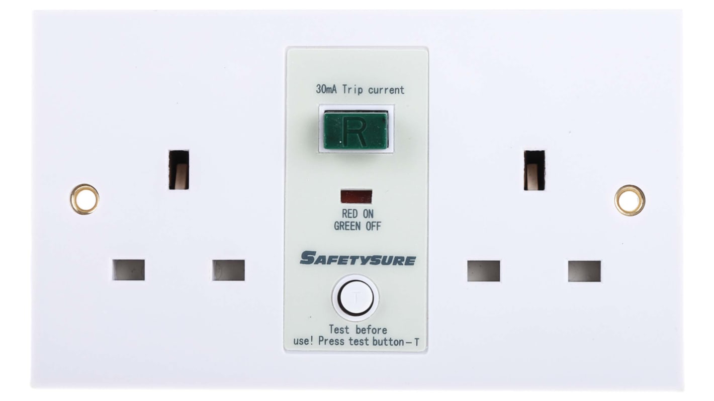 RS PRO 13A, BS Fixing, Passive, 2 Gang RCD Socket, Flush Mount , Switched, 230 V ac, White