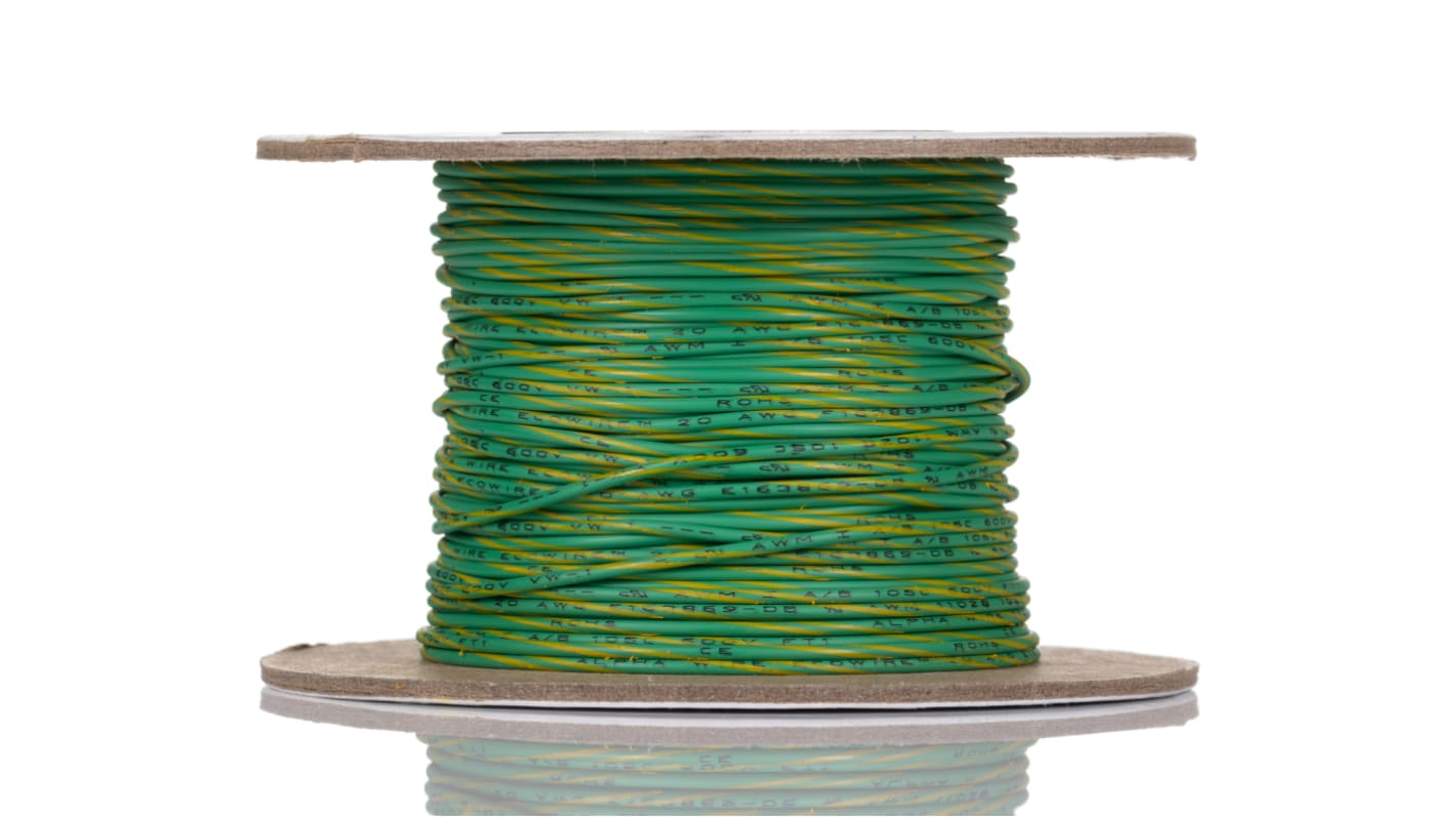 Alpha Wire EcoWire Series Green/Yellow 0.52 mm² Hook Up Wire, 20 AWG, 10/0.25 mm, 30m, MPPE Insulation