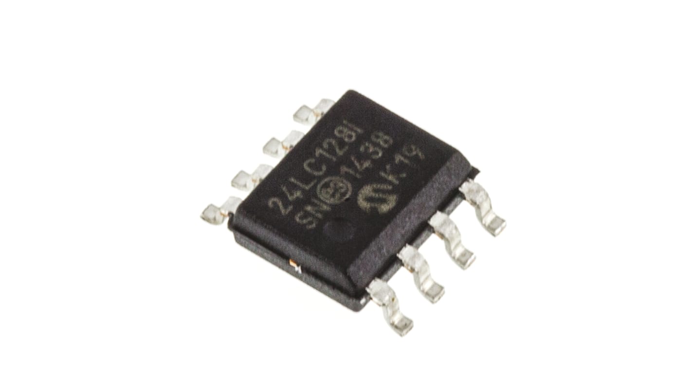 AEC-Q100 Memoria EEPROM serie 24LC128-I/SN Microchip, 128kbit, 16k x, 8bit, Serie I2C, 900ns, 8 pines SOIC