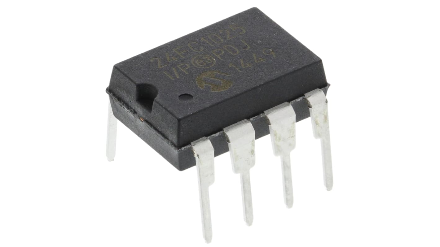 AEC-Q100 Soros EEPROM memória 24FC1025-I/P 1Mbit, 128 x, 8bit Soros i2C, 400ns, 8-tüskés PDIP