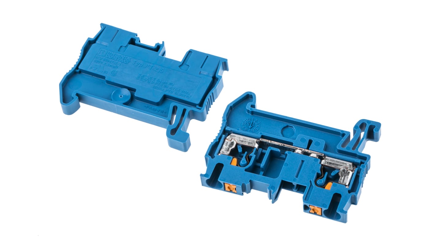 Phoenix Contact PT 2.5 BU Series Blue Feed Through Terminal Block, 0.14 → 4mm², Single-Level, Push In Termination