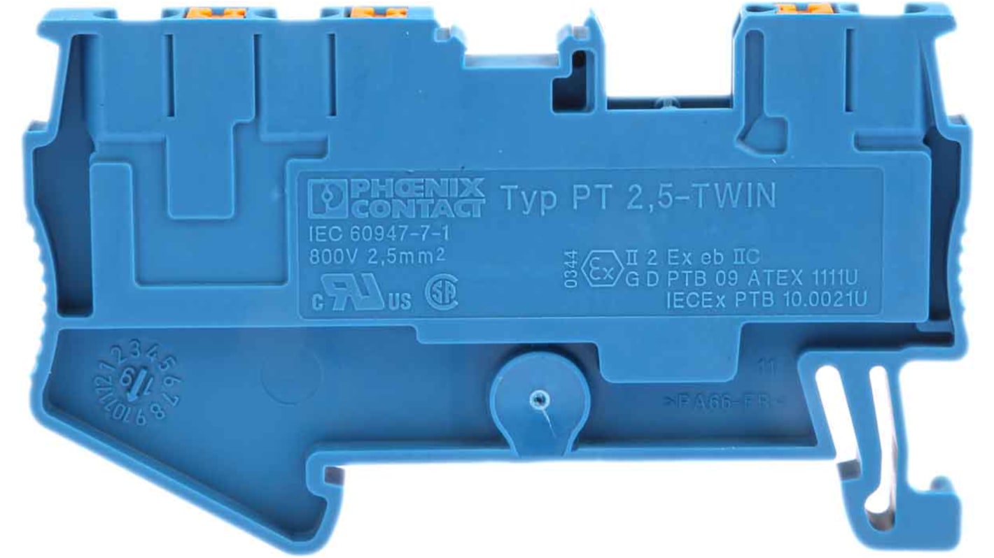 Phoenix Contact PT 2.5-TWIN BU Series Blue Feed Through Terminal Block, 0.14 → 4mm², Single-Level, Push In