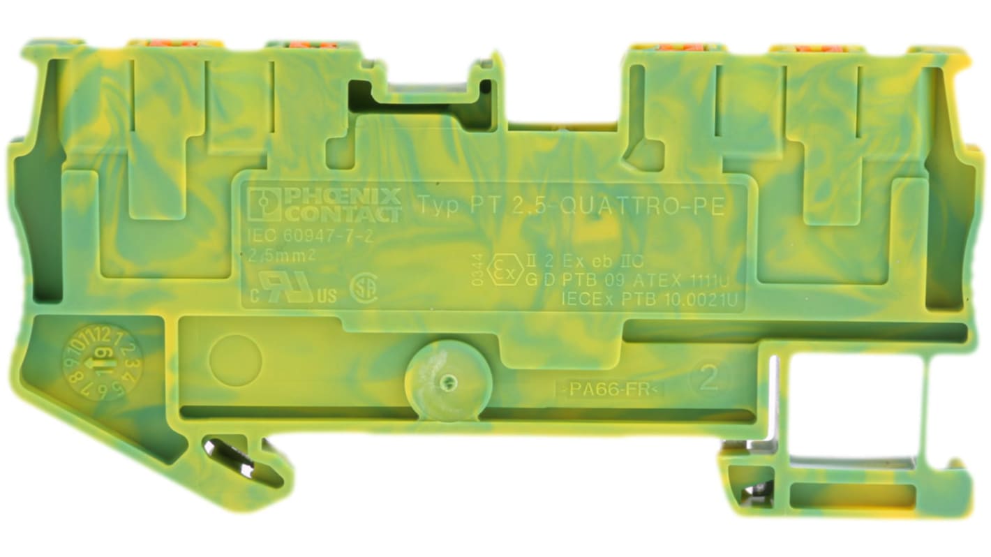 Phoenix Contact PT 2.5-QUATTRO-PE Series Green/Yellow Earth Terminal Block, 0.14 → 4mm², Single-Level, Push In