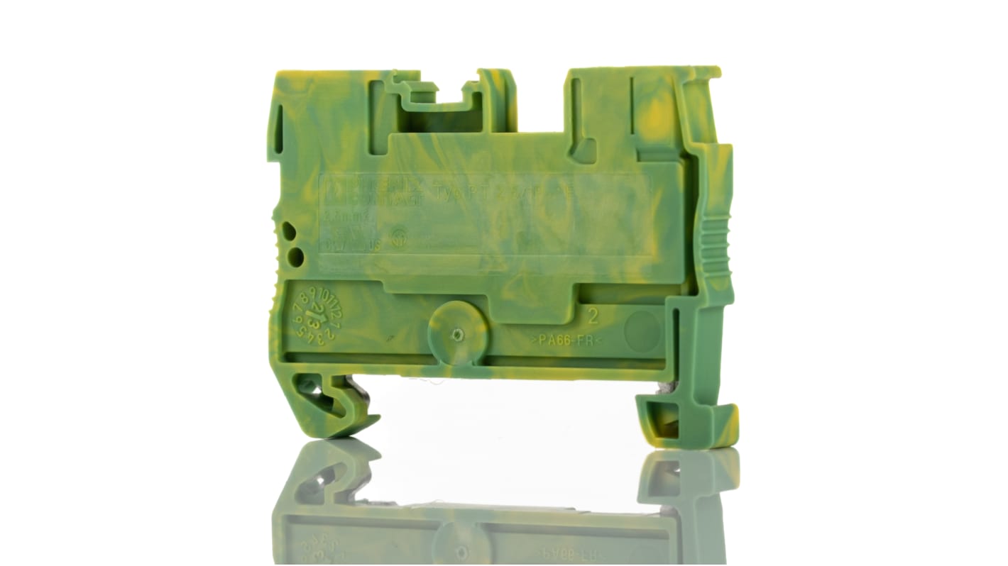 Phoenix Contact PT 2.5/1P-PE Series Green/Yellow Earth Terminal Block, 0.14 → 4mm², Single-Level, Plug In