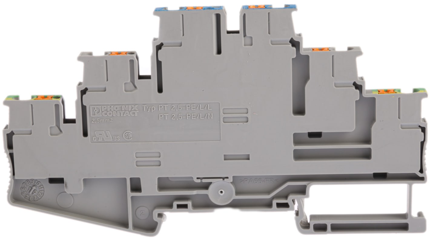 Phoenix Contact PT 2.5-PE/L/N Series Grey Earth Terminal Block, 0.14 → 4mm², Triple-Level, Push In Termination