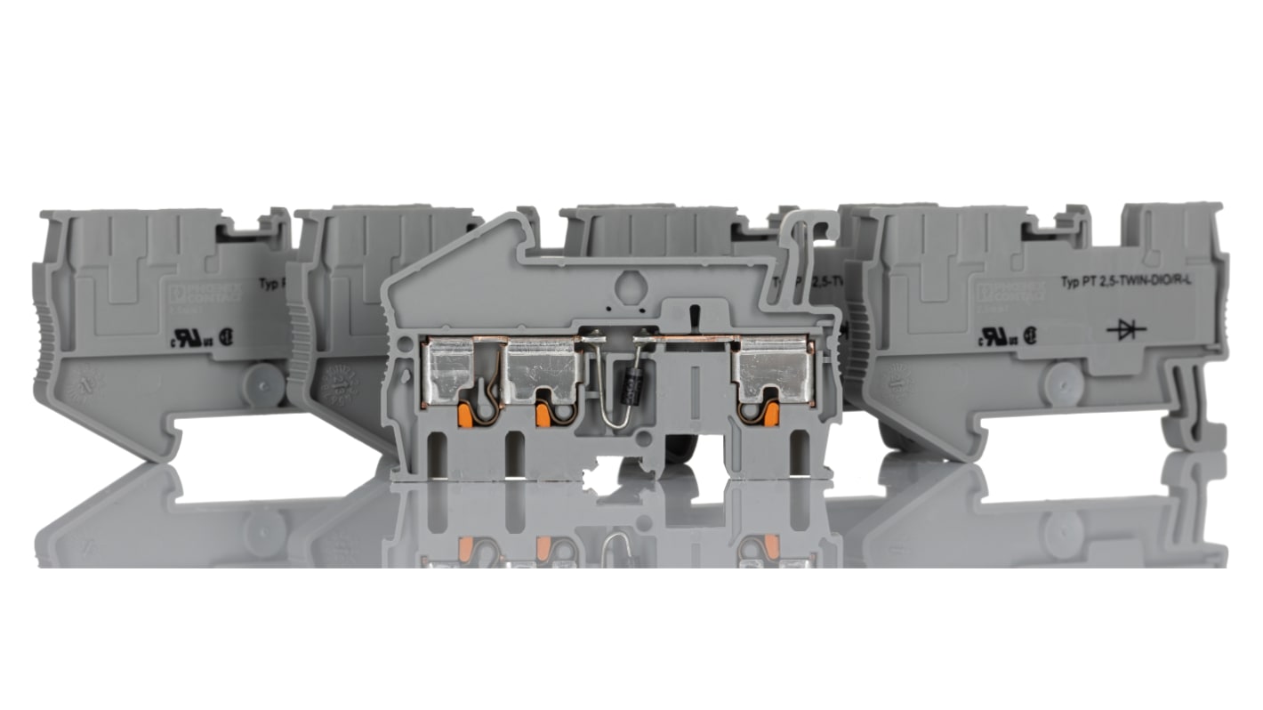 Phoenix Contact PT 2.5-TWIN-DIO/R-L Series Grey Feed Through Terminal Block, 0.14 → 4mm², Single-Level, Push In