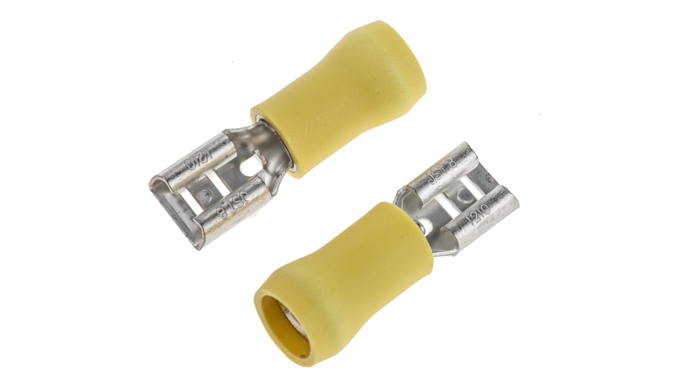 Terminal de lengüeta hembra aislado de color Amarillo JST FVDDF de crimpar, 6.35 x 0.8mm, 2.6mm² → 6.6mm², long.