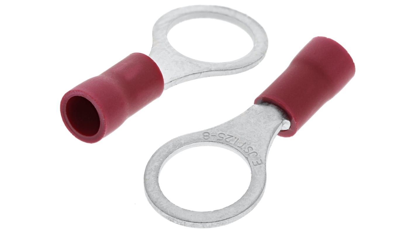 JST, FV Insulated Ring Terminal, M8 (5/16) Stud Size, 0.25mm² to 1.65mm² Wire Size, Red