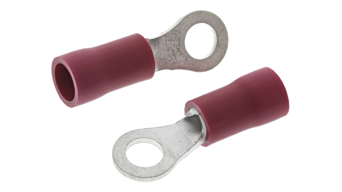 JST, FV Insulated Ring Terminal, M3 (#6 to #12) Stud Size, 0.25mm² to 1.65mm² Wire Size, Red