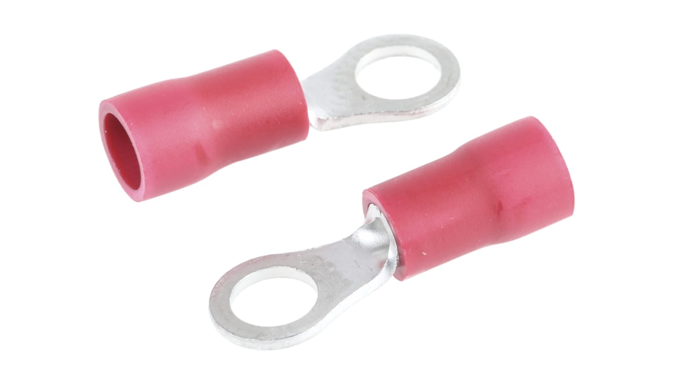 JST, FV Insulated Ring Terminal, M4 (#8) Stud Size, 0.25mm² to 1.65mm² Wire Size, Red