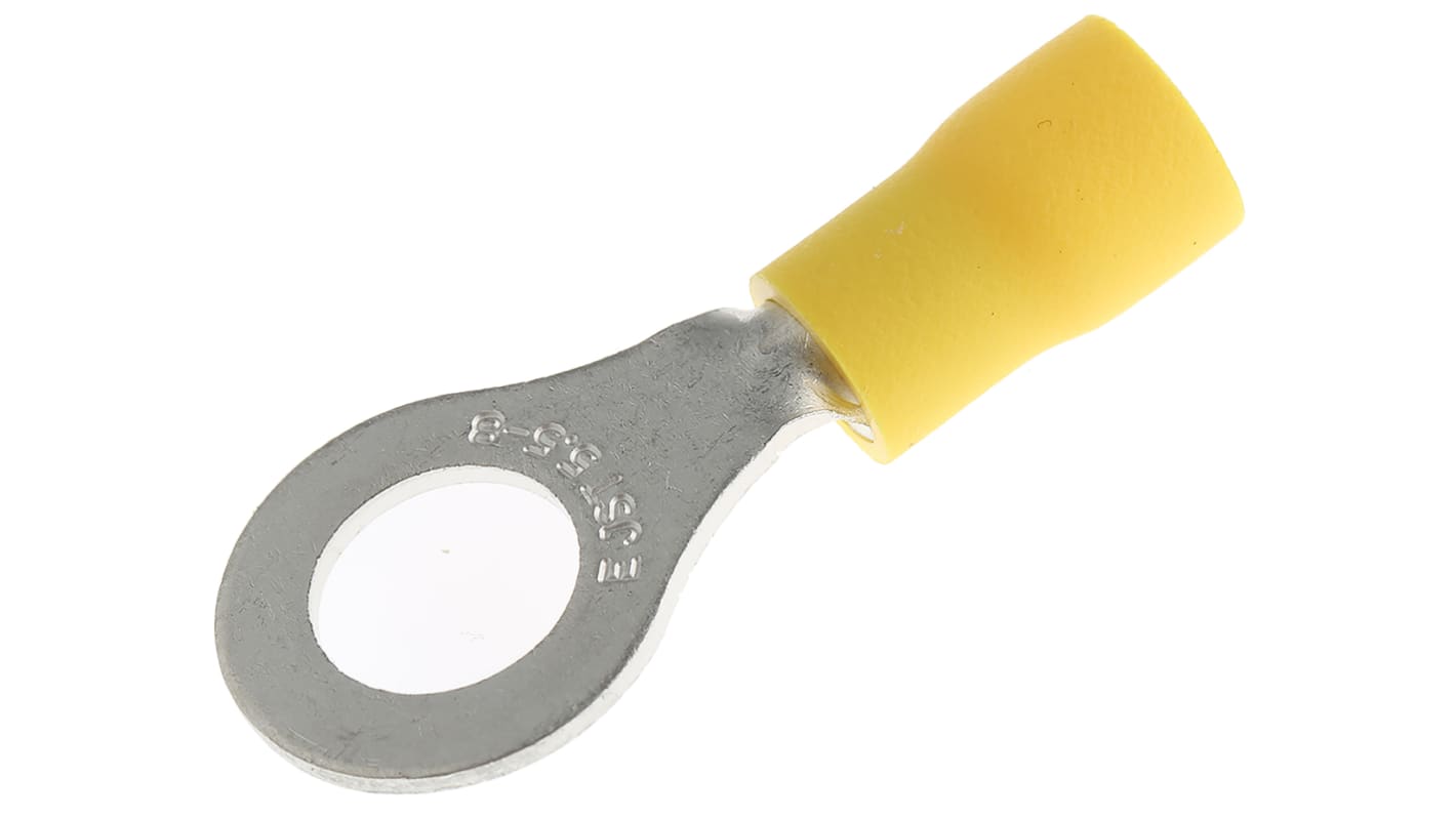 JST, FV Insulated Ring Terminal, M8 (5/16) Stud Size, 2.6mm² to 6.6mm² Wire Size, Yellow