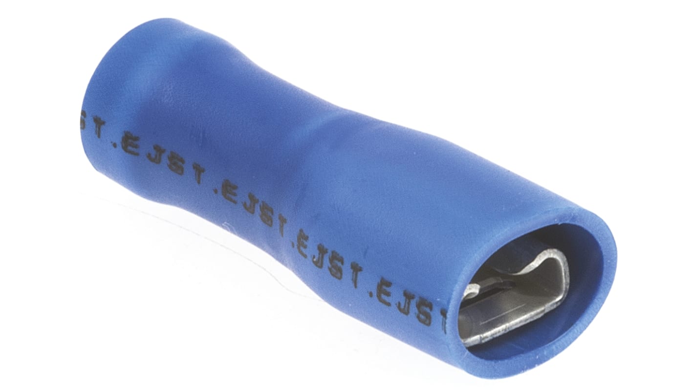 Terminal de lengüeta hembra aislado de color Azul JST FLVDDF de crimpar, 4.75 x 0.5mm, 1mm² → 2.6mm², long. 19mm, de