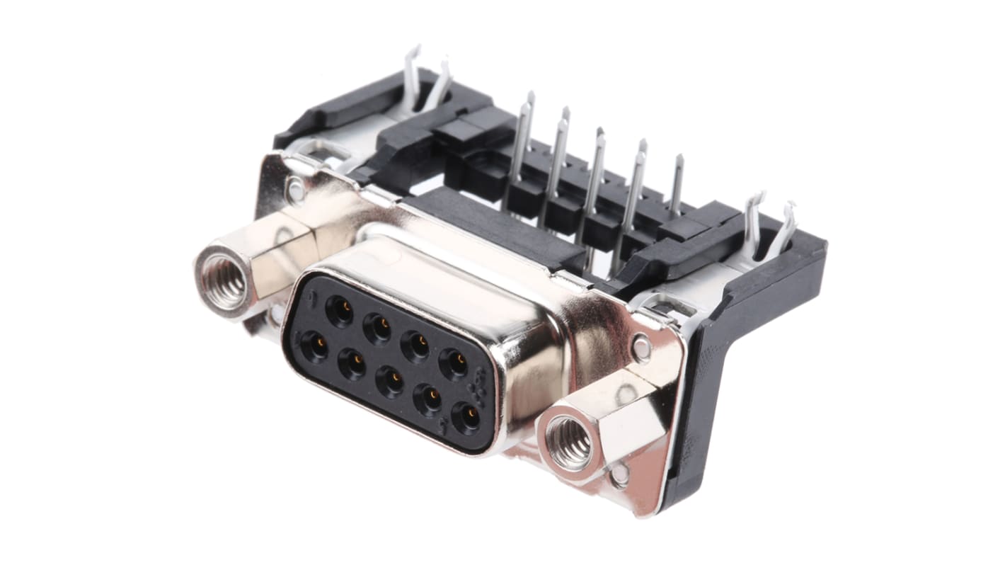 Harting 9 Way Right Angle Through Hole D-sub Connector Socket, 2.74mm Pitch, with 4-40 UNC Female Screwlocks, Boardlocks