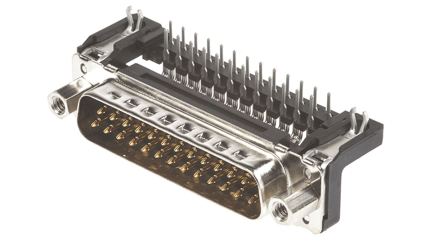 Harting D-Sub konnektor, stik, 25-Polet, 2.76mm benafstand, Retvinklet, Hulmontering, Lodde terminering, 7.5A, med 4-40