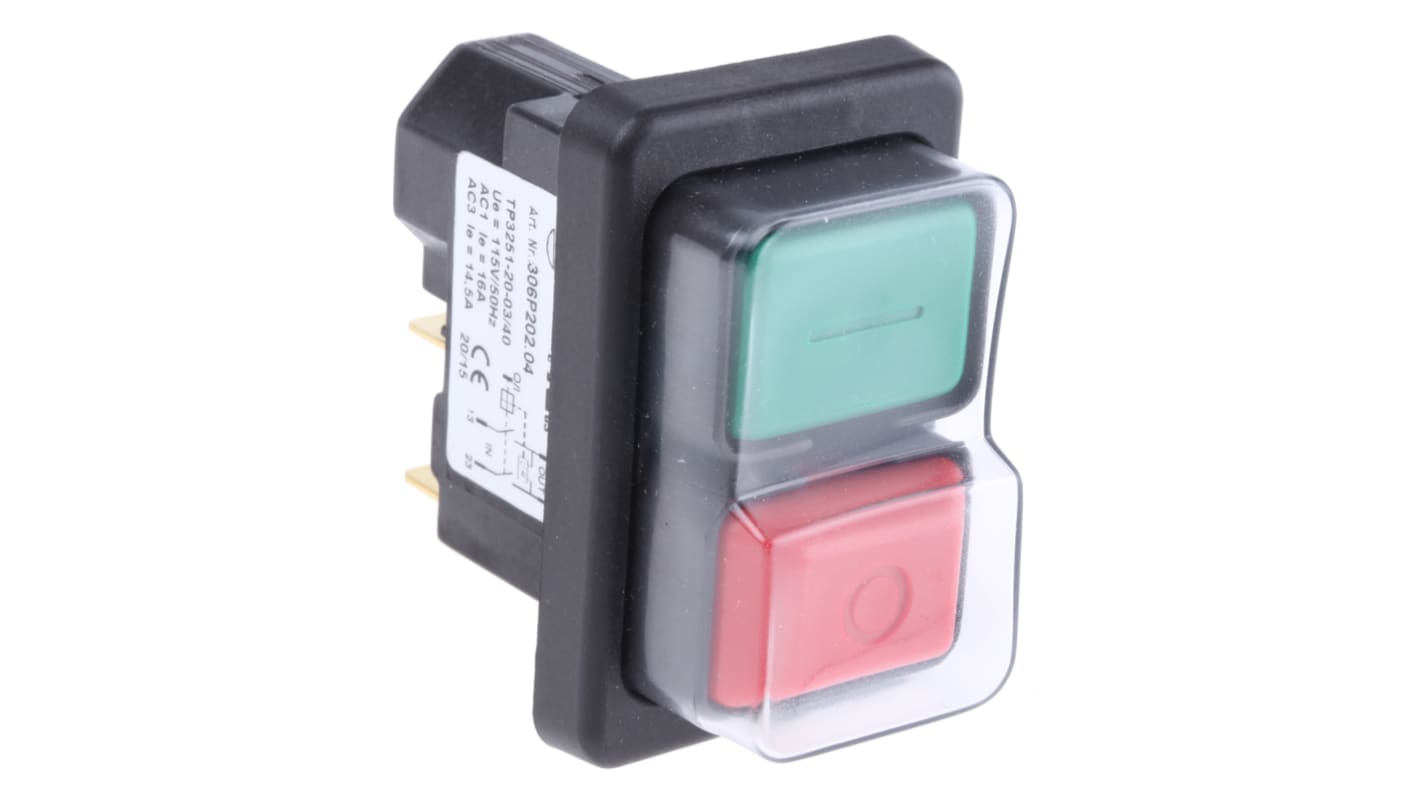 Interruptor de Botón Pulsador APEM 3000, color de botón Rojo/Verde, DPDT, acción momentánea, 16 A a 115 V ac, IP65