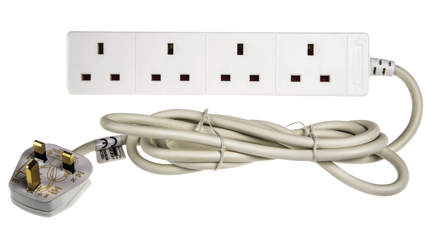 Type G - British 4 Gang Extension socket, 2m Cable, 13A