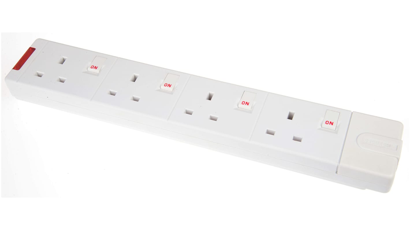 Elosztóaljzat 1,25 mm²,4 Socket G típusú – brit, BS1363,Fehér Nem G típusú – brit Igen