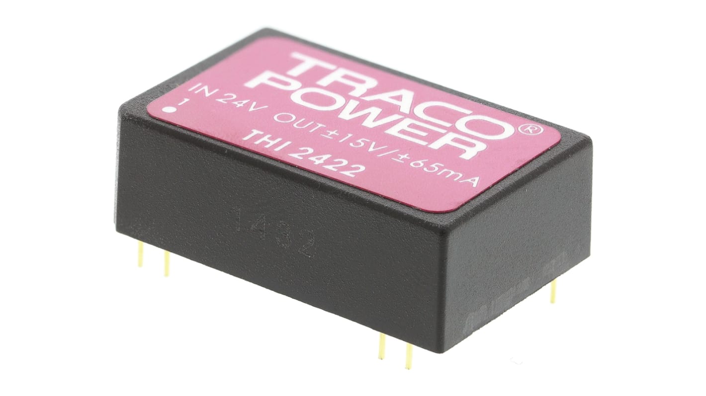 TRACOPOWER THI DC-DC Converter, ±15V dc/ ±65mA Output, 21.6 → 26.4 V dc Input, 2W, Through Hole, +75°C Max Temp