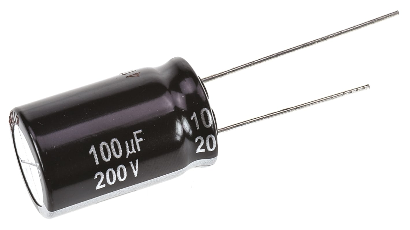 Condensador electrolítico Panasonic serie EE RADIAL, 100μF, ±20%, 200V dc, Radial, Orificio pasante, 16 (Dia.) x 25mm,