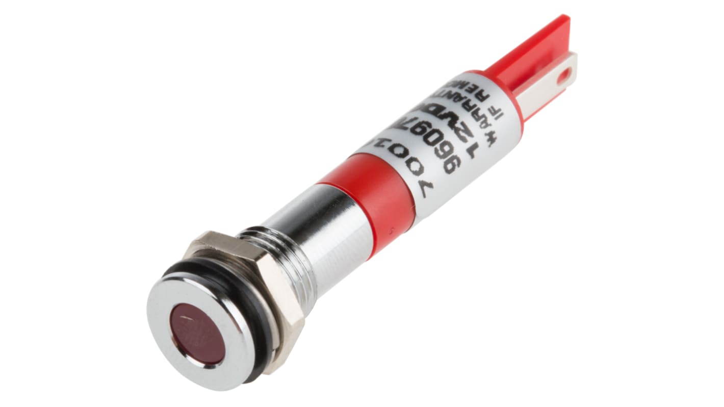 RS PRO Red Panel Mount Indicator, 12V dc, 8mm Mounting Hole Size, Solder Tab Termination, IP67